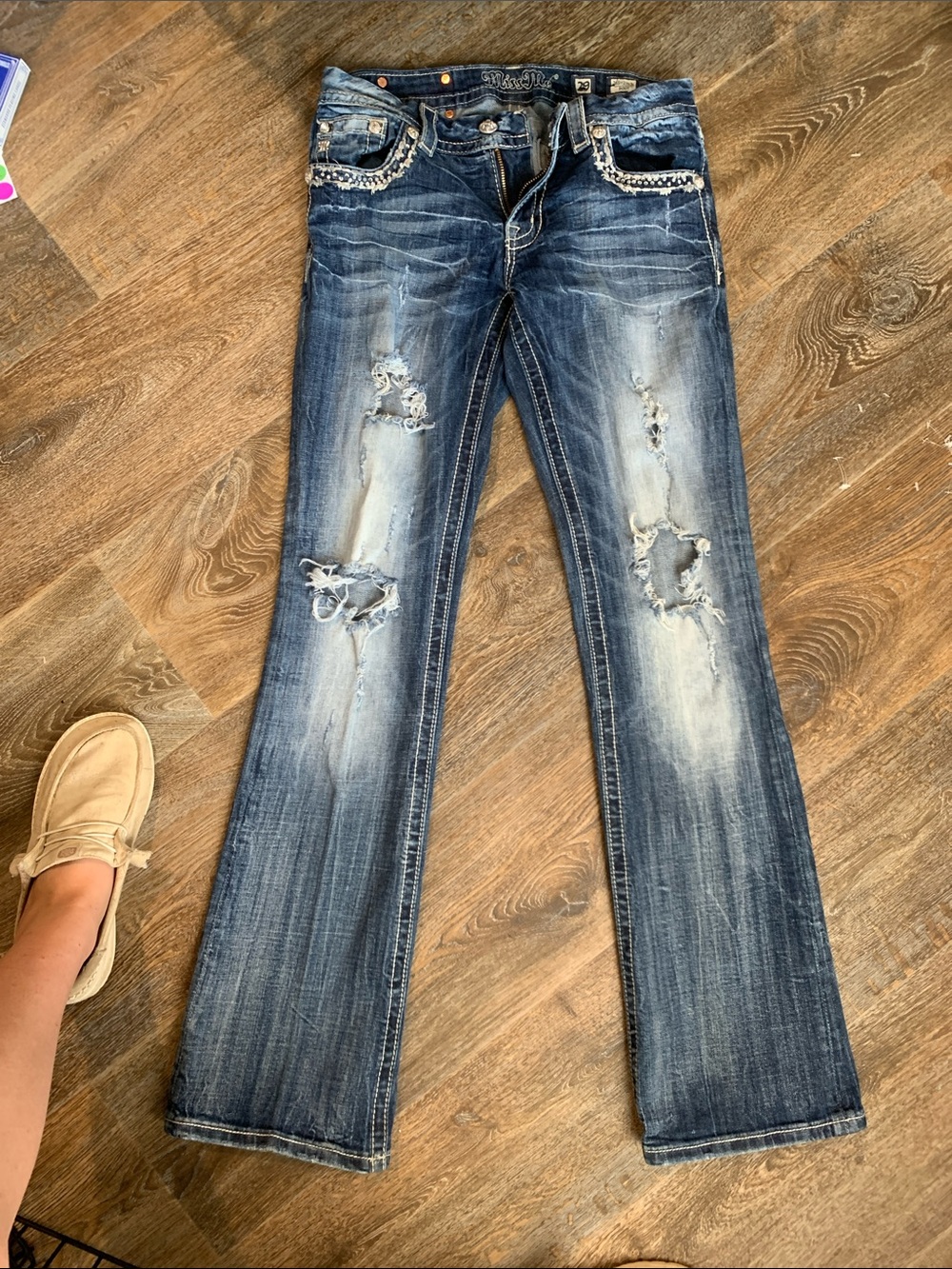 #85 Miss Me Distressed Medium Blue Boot Cut Jeans with Embellished Pockets